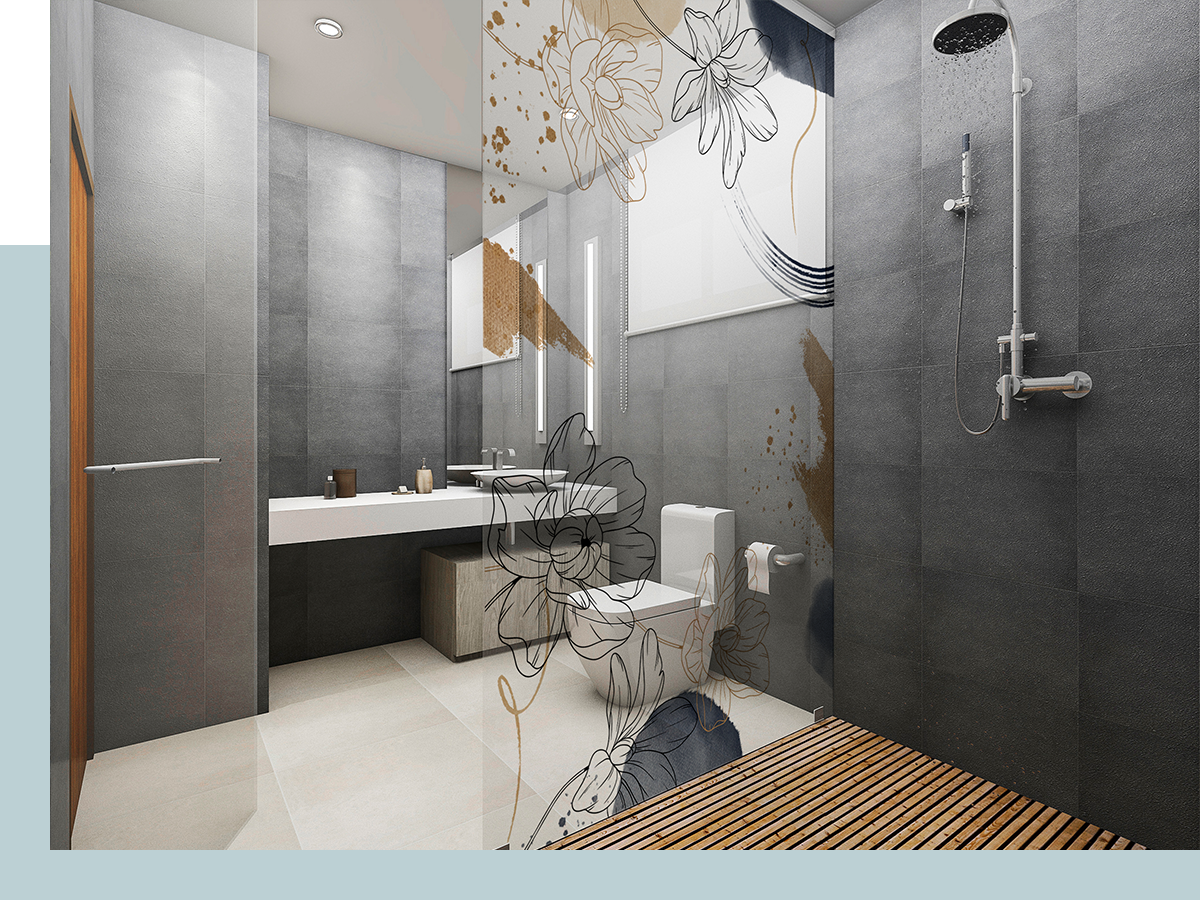 Modernes Badezimmer in Grautönen mit individuell mit Blumenmuster bedruckter Duschabtrennung im Echtglas-Druck