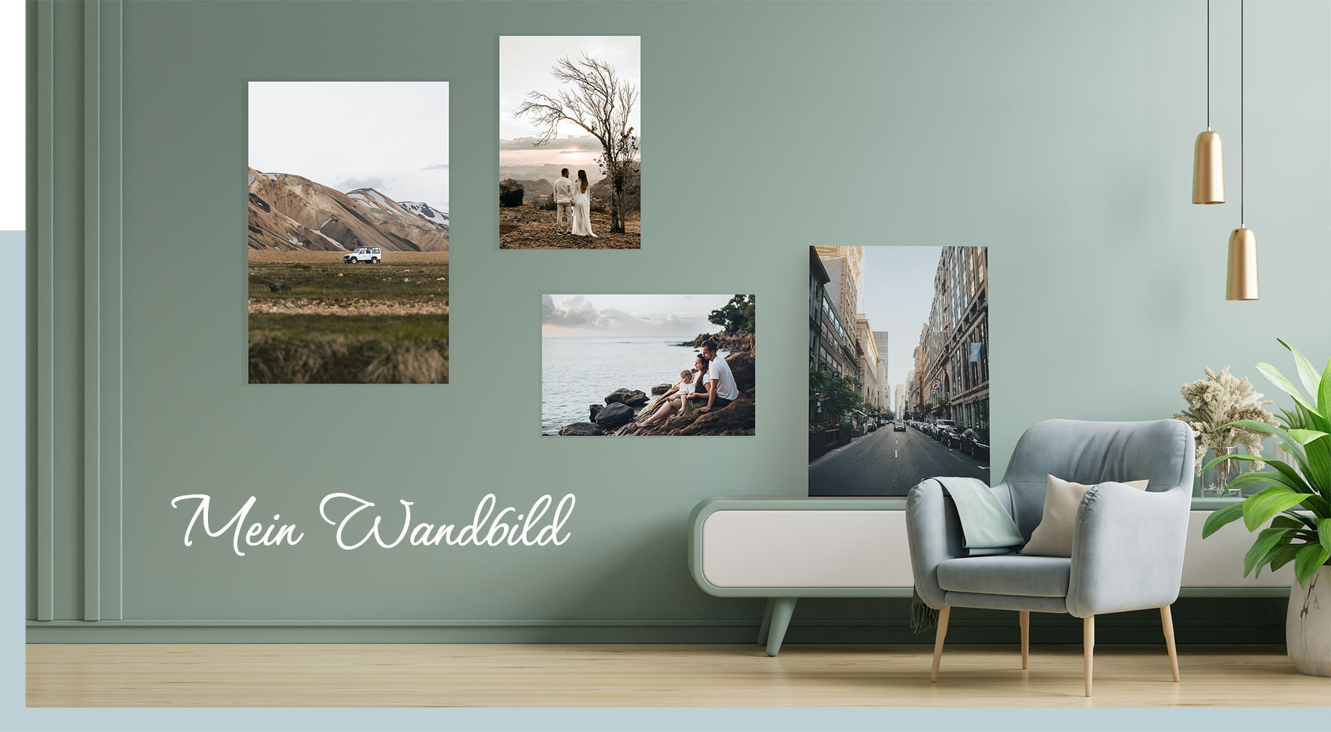 direktdruckowl mein Wandbild Gemütlicher Sitzbereich mit Bildergalerie aus Urlaubsmotiven in verschiedenen Formaten produziert im hochwertigen Direktdruckverfahren an der Wand