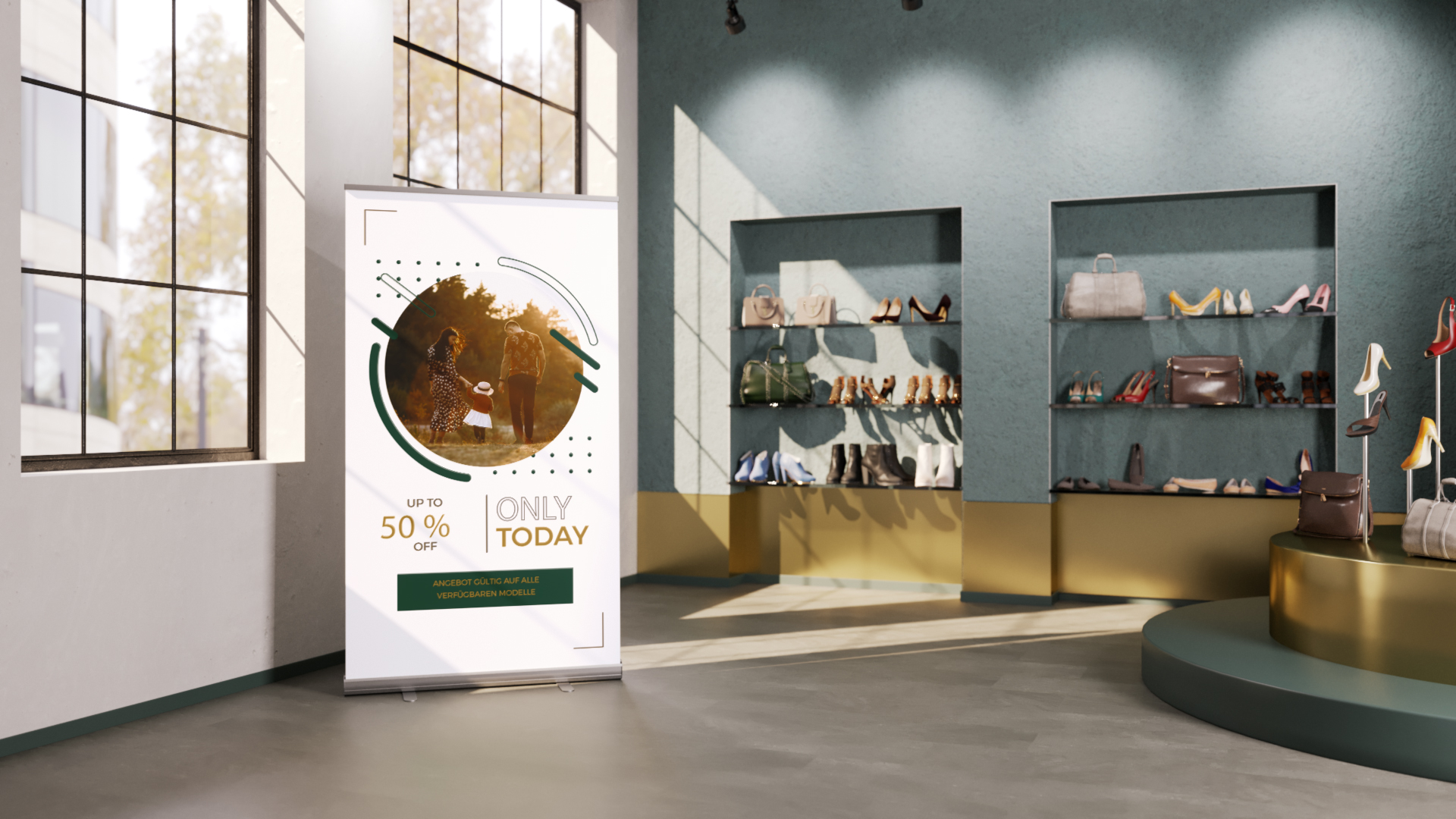 Heller Verkaufsraum für Schuhe und Taschen mit RollUp mit Sale-Motiv im Vordergrund